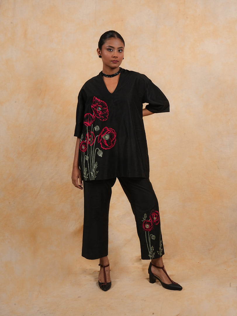 Black Easy FIt Coord Set with Resham Embroidered