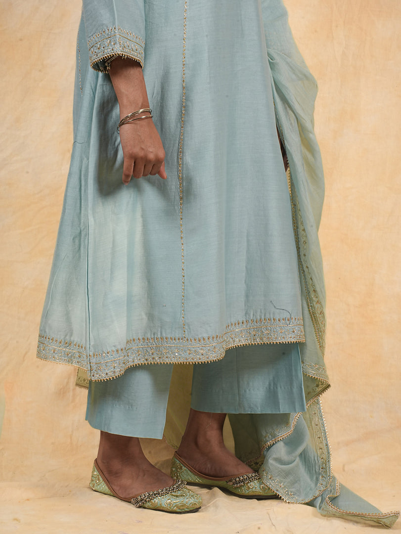 Powder Blue Zari & Sequence Embroidered A line Palazzo Suit