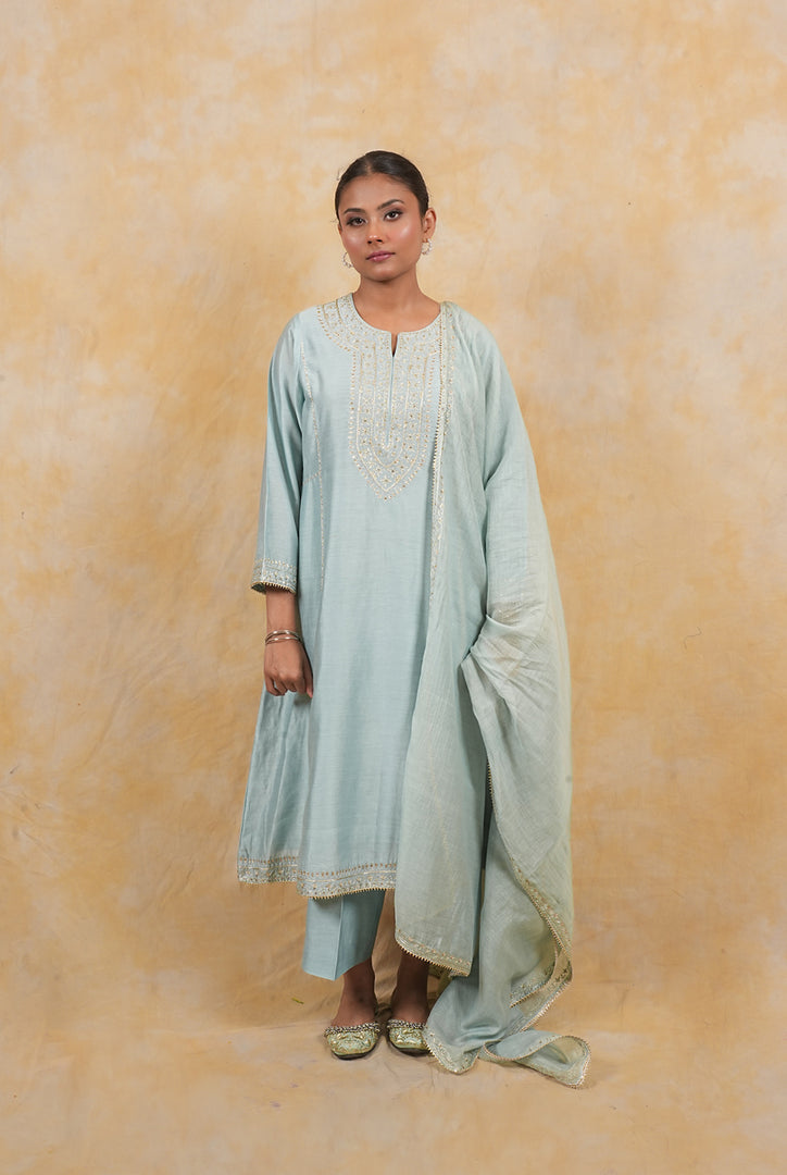 Powder Blue Zari & Sequence Embroidered A line Palazzo Suit