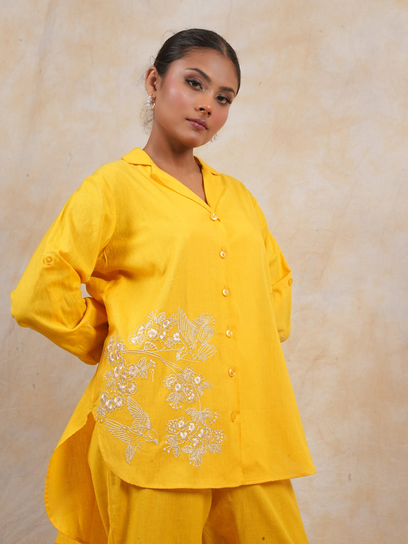 Breezy Yellow Linen Embroidered Coord Set