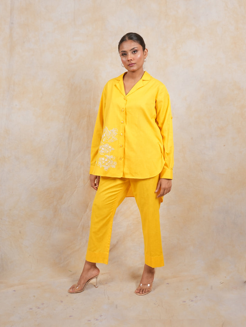 Breezy Yellow Linen Embroidered Coord Set