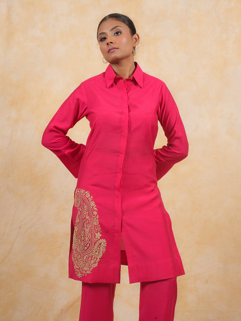 Fuschia Cotton Silk Collar Long Shirt Style Coord Set