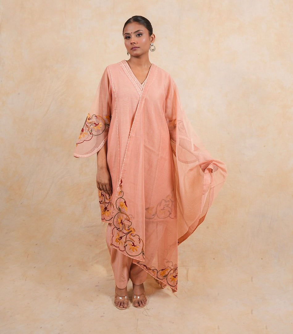 Peach Super Net Resham Embroidery Suit with Pleated Salwar