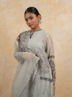 Load image into Gallery viewer, Grey A line Embroidered Suit with Tulip Pant and Dupatta
