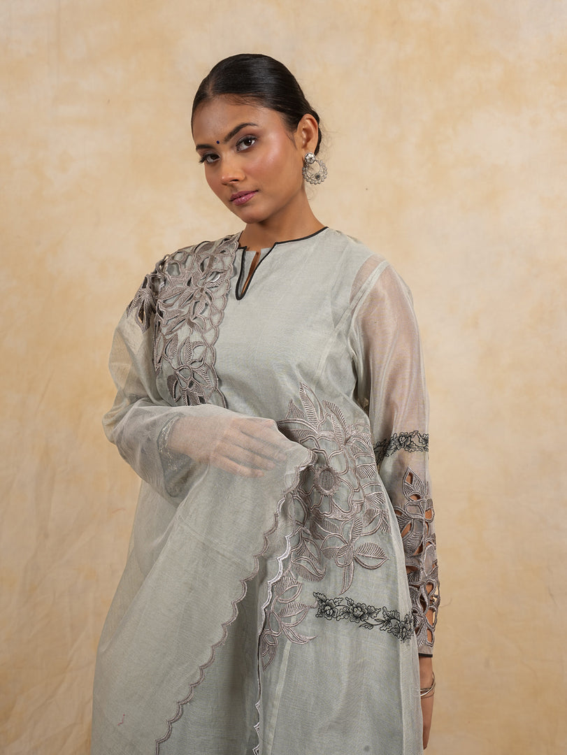 Grey A line Embroidered Suit with Tulip Pant and Dupatta