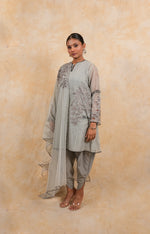 Load image into Gallery viewer, Grey A line Embroidered Suit with Tulip Pant and Dupatta
