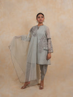 Load image into Gallery viewer, Grey A line Embroidered Suit with Tulip Pant and Dupatta
