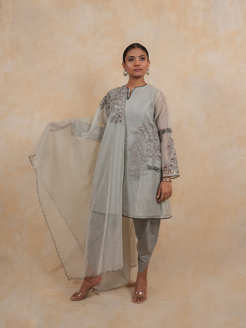 Grey A line Embroidered Suit with Tulip Pant and Dupatta