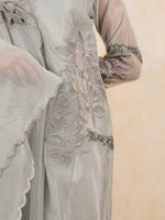 Load image into Gallery viewer, Grey A line Embroidered Suit with Tulip Pant and Dupatta
