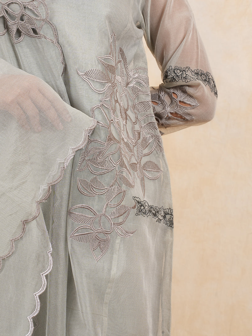 Grey A line Embroidered Suit with Tulip Pant and Dupatta