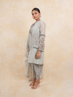 Load image into Gallery viewer, Grey A line Embroidered Suit with Tulip Pant and Dupatta
