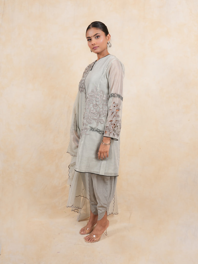 Grey A line Embroidered Suit with Tulip Pant and Dupatta