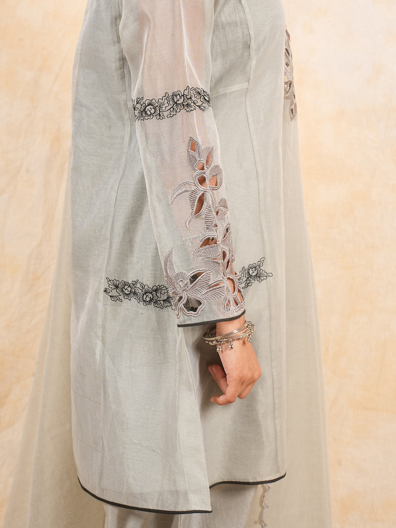 Grey A line Embroidered Suit with Tulip Pant and Dupatta