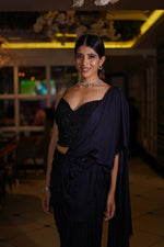 Load image into Gallery viewer, Navy Blue Drape Saree with Heavy Hand Embroidered Blouse and Belt
