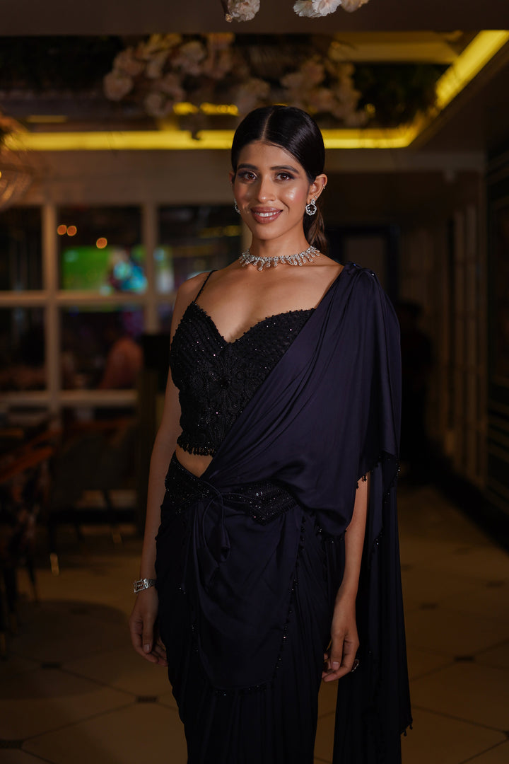 Navy Blue Drape Saree with Heavy Hand Embroidered Blouse and Belt