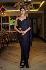 Load image into Gallery viewer, Navy Blue Drape Saree with Heavy Hand Embroidered Blouse and Belt
