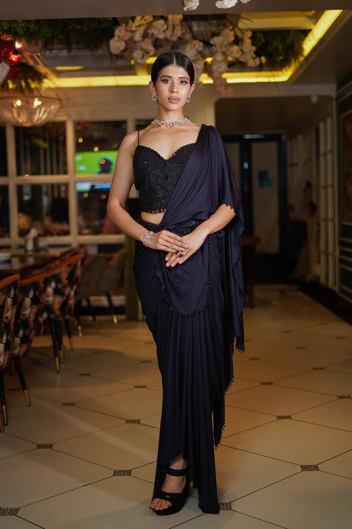 Navy Blue Drape Saree with Heavy Hand Embroidered Blouse and Belt