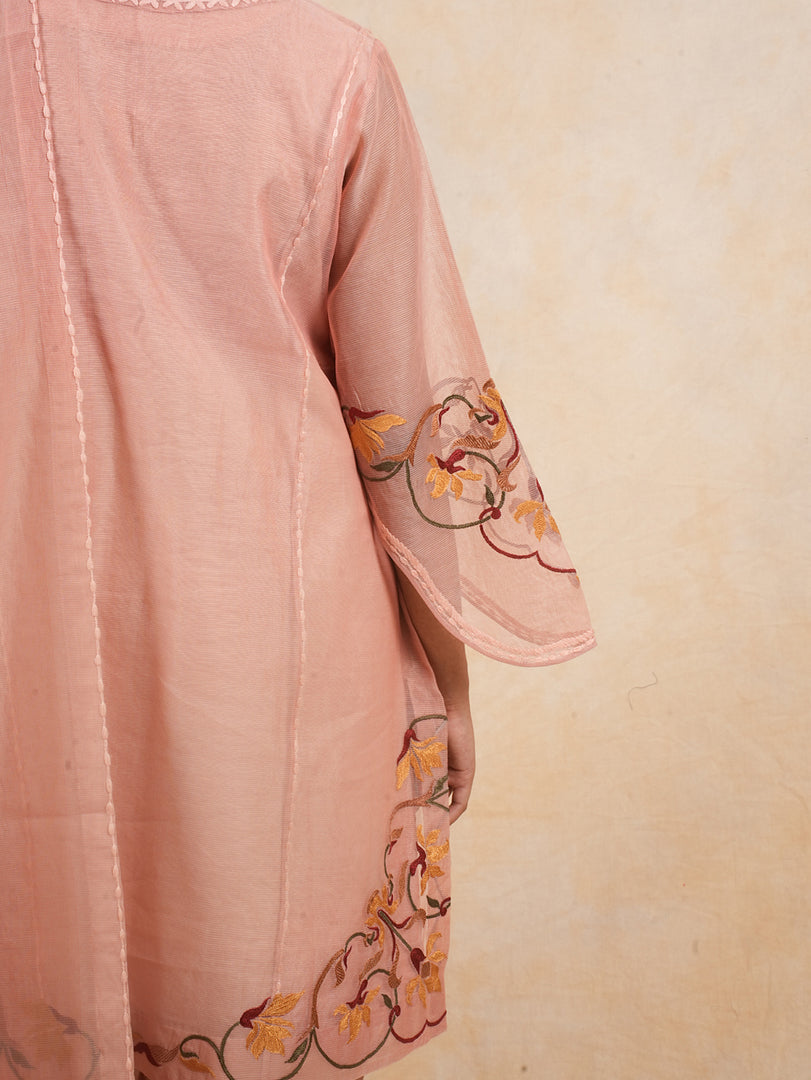 Peach Super Net Resham Embroidery Suit with Pleated Salwar