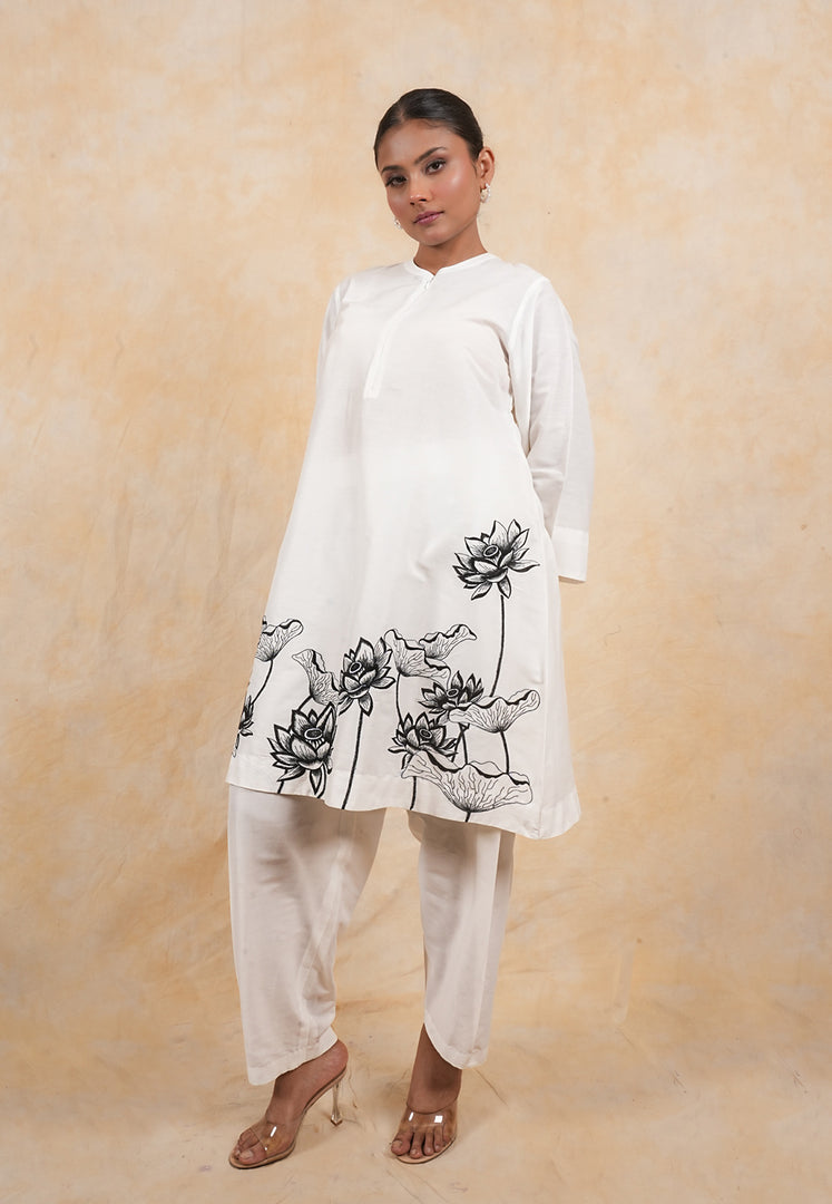 White Embroidered Cotton Silk Co-ord Set