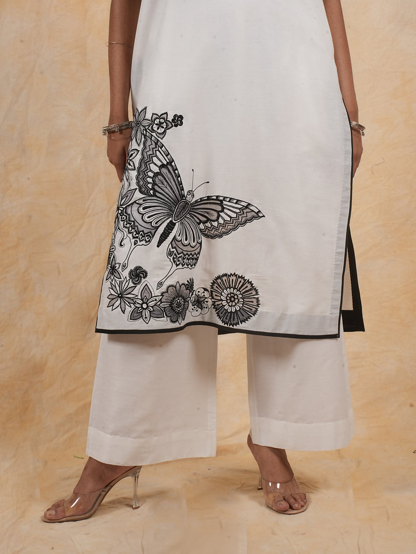 White Cotton Silk Embroidered Kurta with Pants