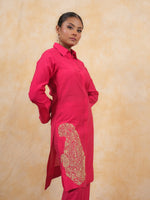 Load image into Gallery viewer, Fuschia Cotton Silk Collar Long Shirt Style Coord Set
