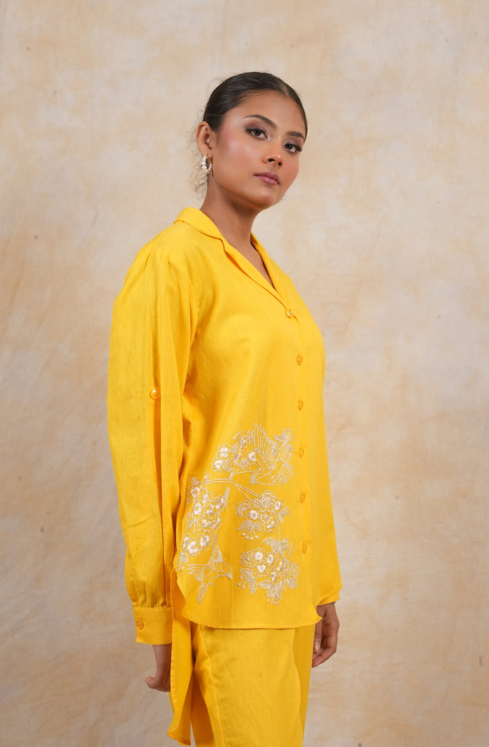 Breezy Yellow Linen Embroidered Coord Set