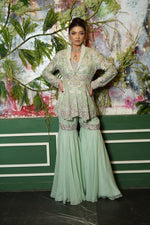 Load image into Gallery viewer, Metallicgreen Heavy Embroidered Jacket with Garara and Peplum Top and Bustier
