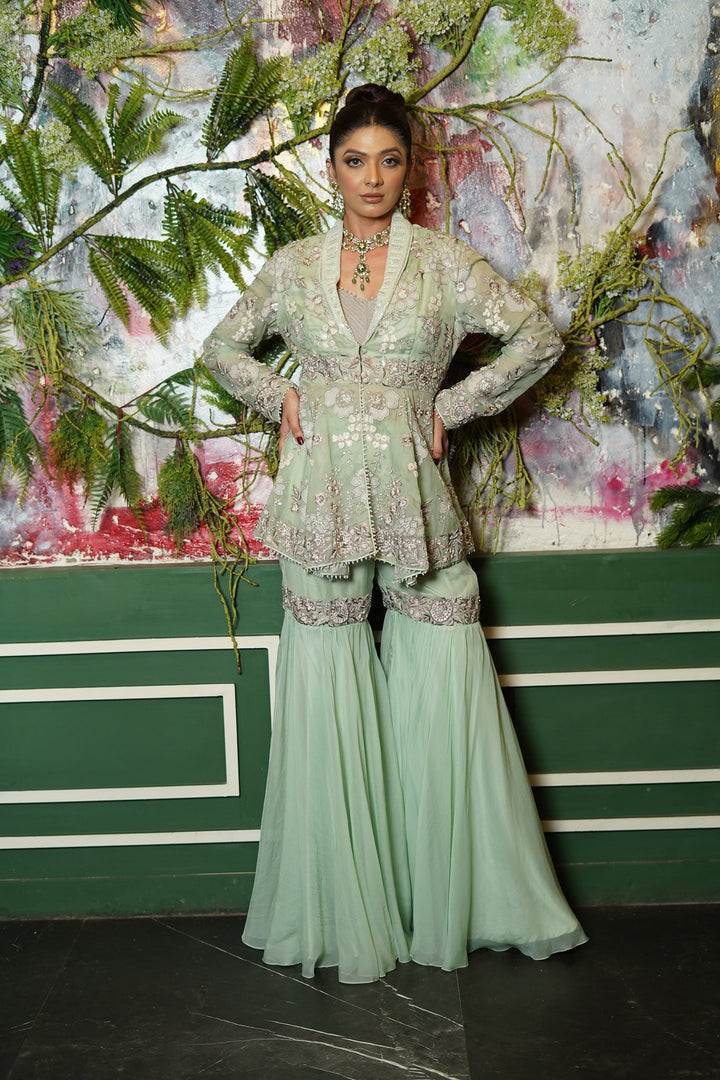 Metallicgreen Heavy Embroidered Jacket with Garara and Peplum Top and Bustier