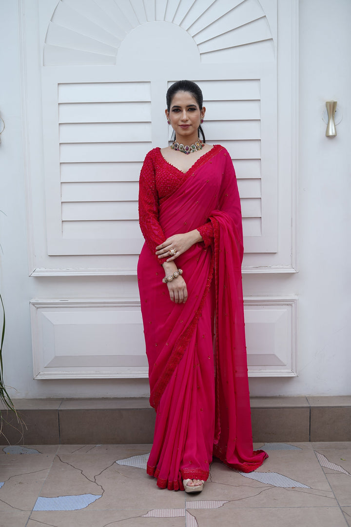 Fuchsia Pink Saree with Heavy Hand Embroidered Blouse and Border