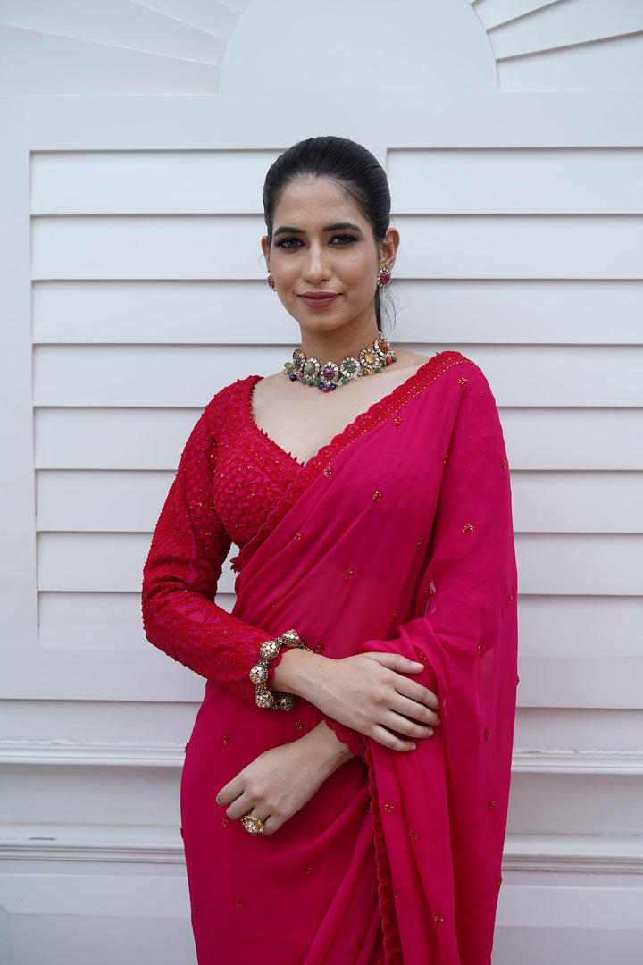 Fuchsia Pink Saree with Heavy Hand Embroidered Blouse and Border