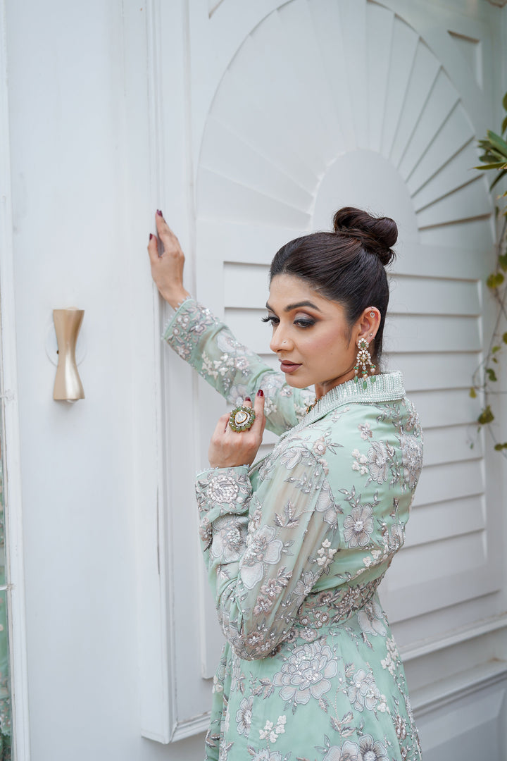 Metallicgreen Heavy Embroidered Jacket with Garara and Peplum Top and Bustier