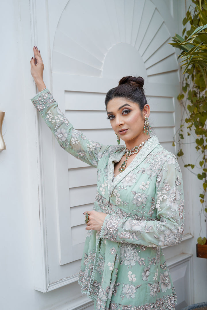 Metallicgreen Heavy Embroidered Jacket with Garara and Peplum Top and Bustier