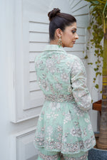 Load image into Gallery viewer, Metallicgreen Heavy Embroidered Jacket with Garara and Peplum Top and Bustier
