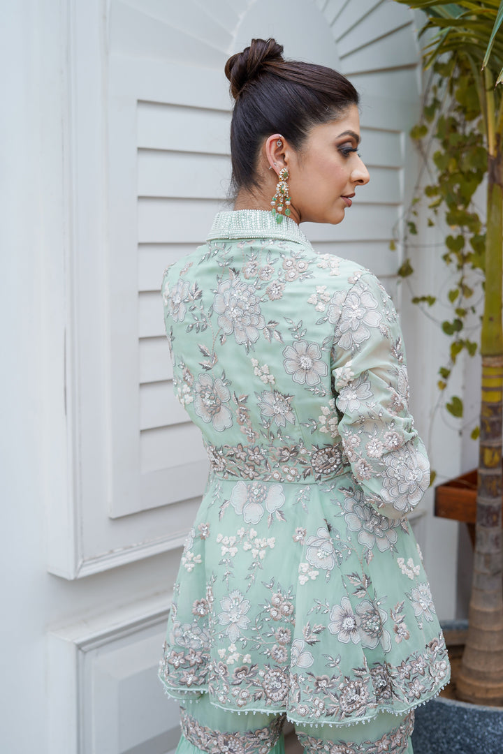 Metallicgreen Heavy Embroidered Jacket with Garara and Peplum Top and Bustier