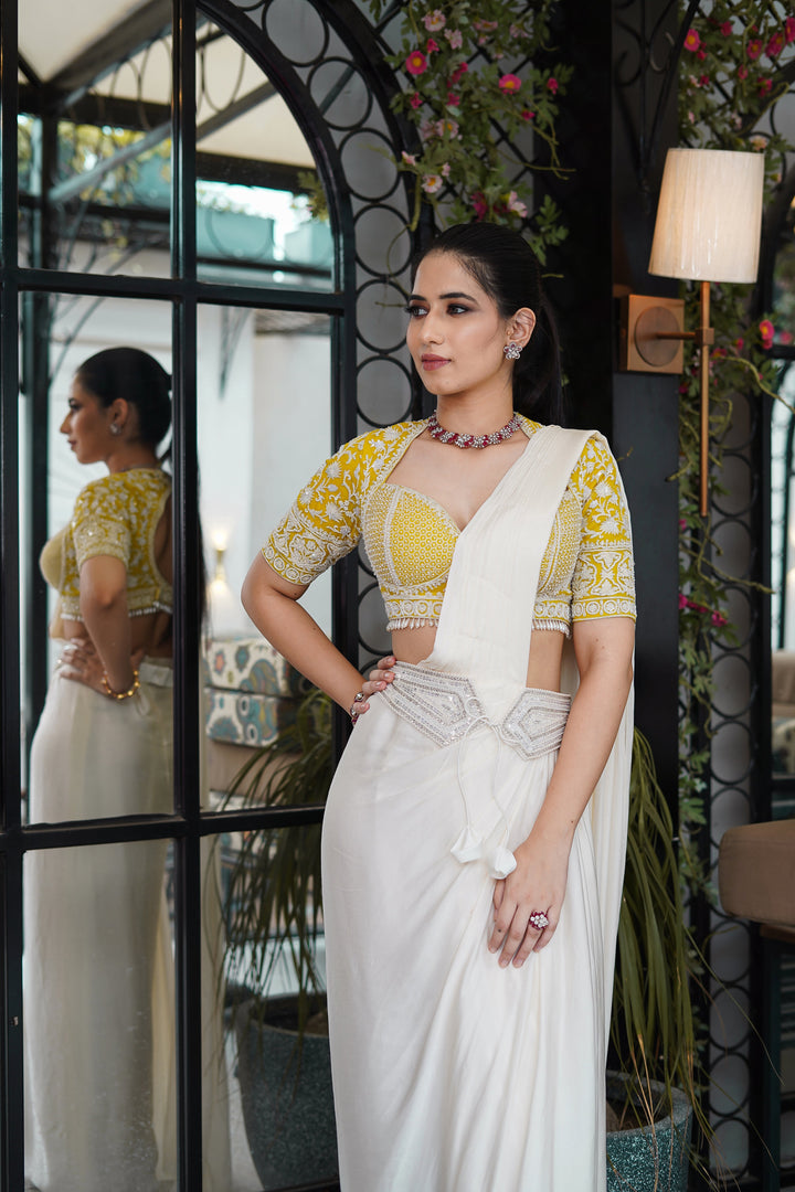 Yellow Hand Embroidered Blouse with White Drape Satin Saree and Belt