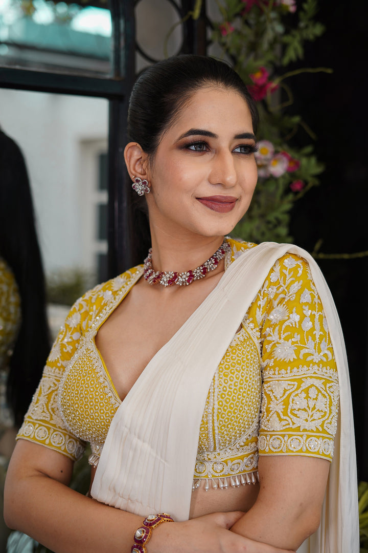 Yellow Hand Embroidered Blouse with White Drape Satin Saree and Belt