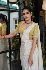 Load image into Gallery viewer, Yellow Hand Embroidered Blouse with White Drape Satin Saree and Belt
