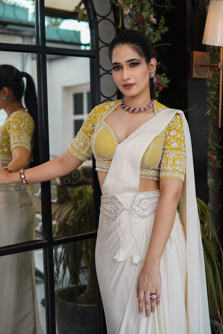 Yellow Hand Embroidered Blouse with White Drape Satin Saree and Belt