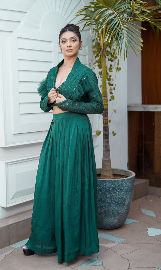 Green Heavy Embroidered Bolero Jacket with Bralette and Culottes