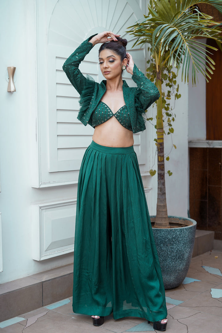 Green Heavy Embroidered Bolero Jacket with Bralette and Culottes