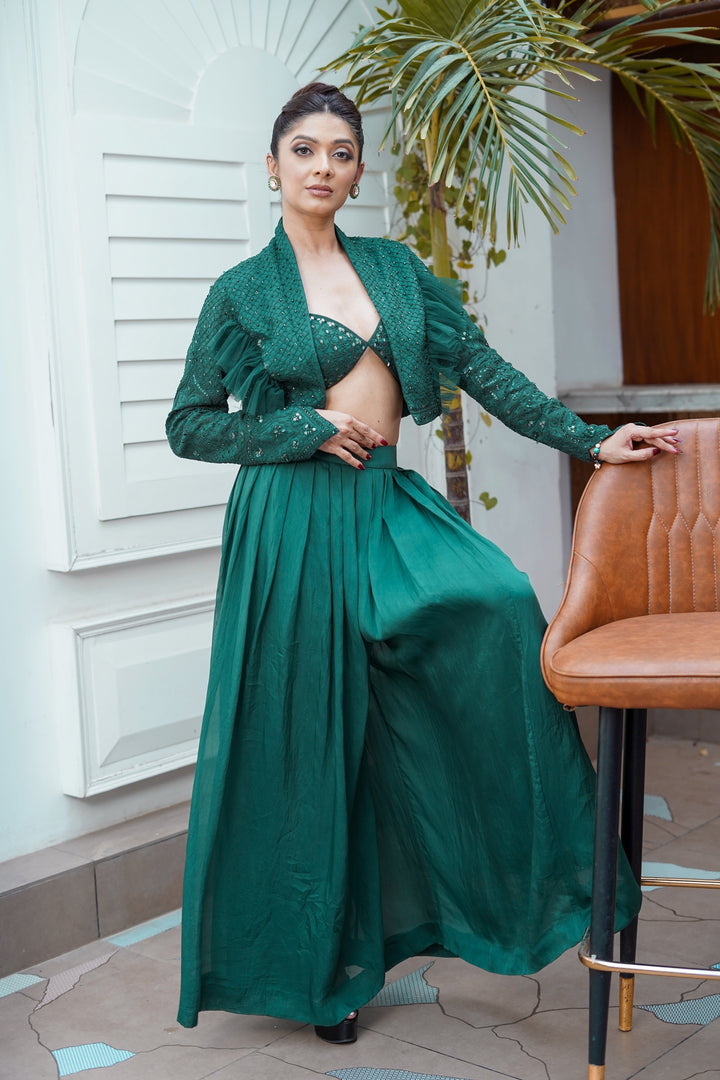 Green Heavy Embroidered Bolero Jacket with Bralette and Culottes