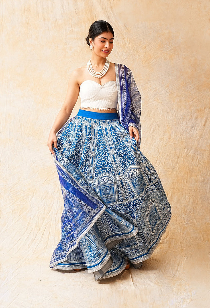 Blue Digital Print Pichwai Theme Lehnga with Corset Top and Dupatta