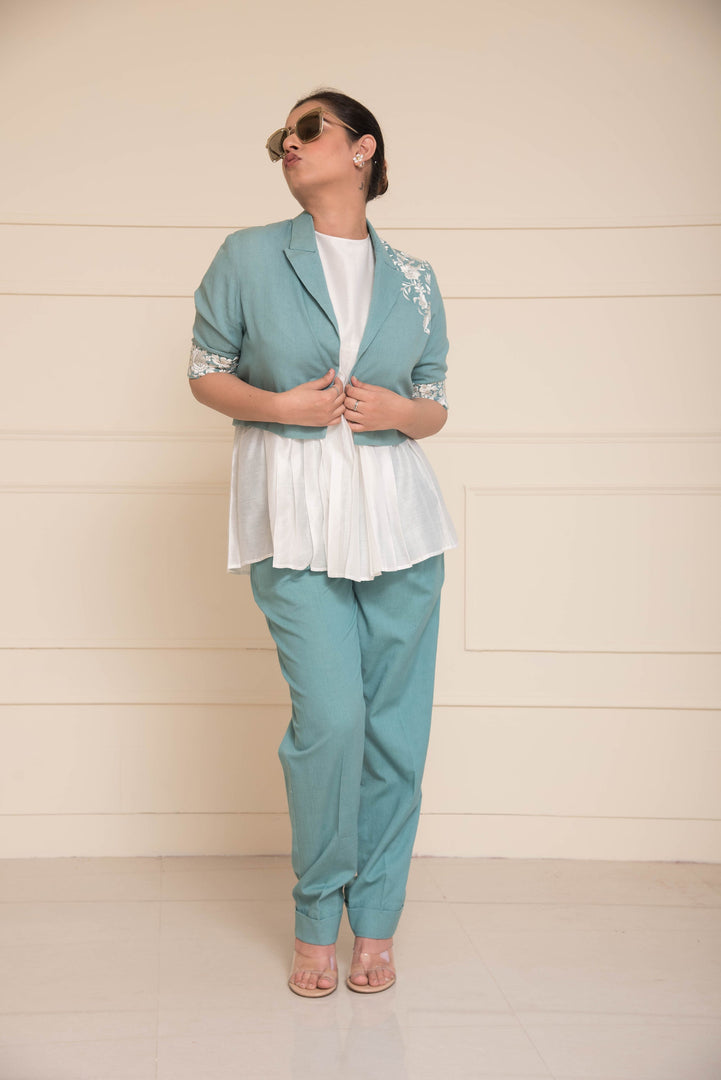 Teal Blue Parsi Gara Embroidered Bolero Jackets and Pants with Pleated Top