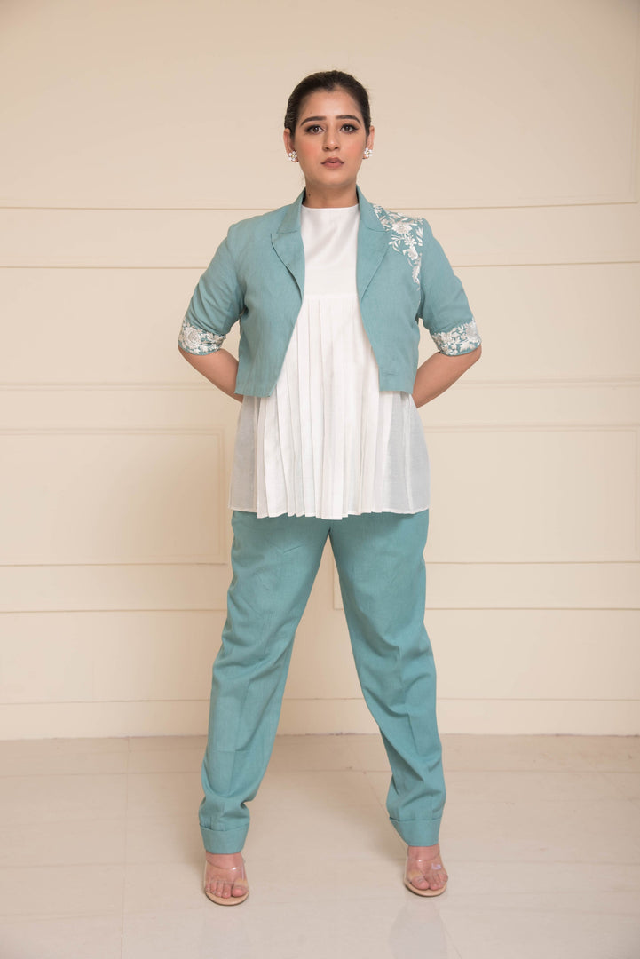 Teal Blue Parsi Gara Embroidered Bolero Jackets and Pants with Pleated Top