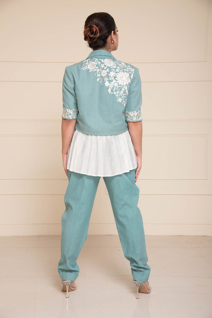 Teal Blue Parsi Gara Embroidered Bolero Jackets and Pants with Pleated Top