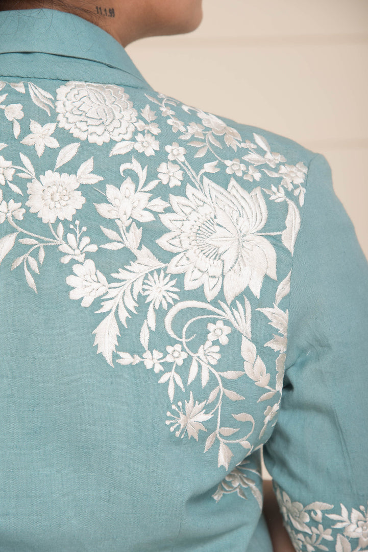 Teal Blue Parsi Gara Embroidered Bolero Jackets and Pants with Pleated Top