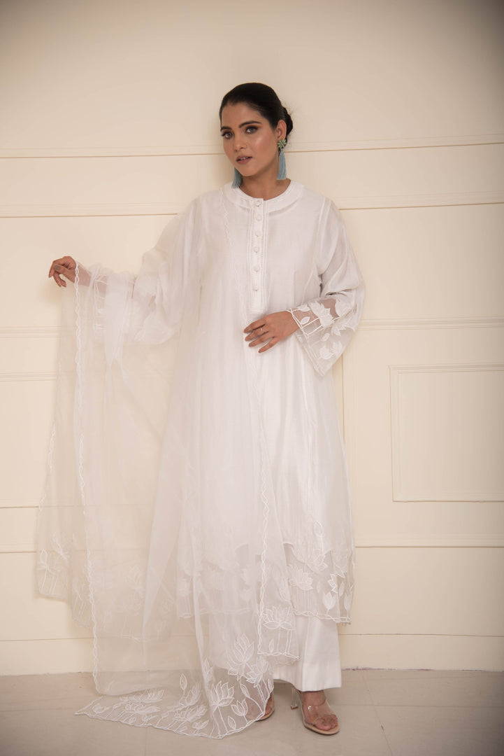 White Lotus Tone on Tone Applique Embroidered Suit