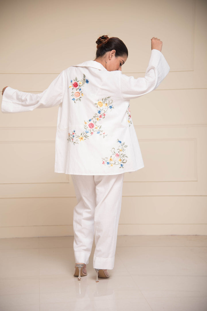 White Linen Parsi Gara Embroidered Jacket & Pants with Satin Inner