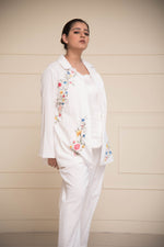 Load image into Gallery viewer, White Linen Parsi Gara Embroidered Jacket &amp; Pants with Satin Inner
