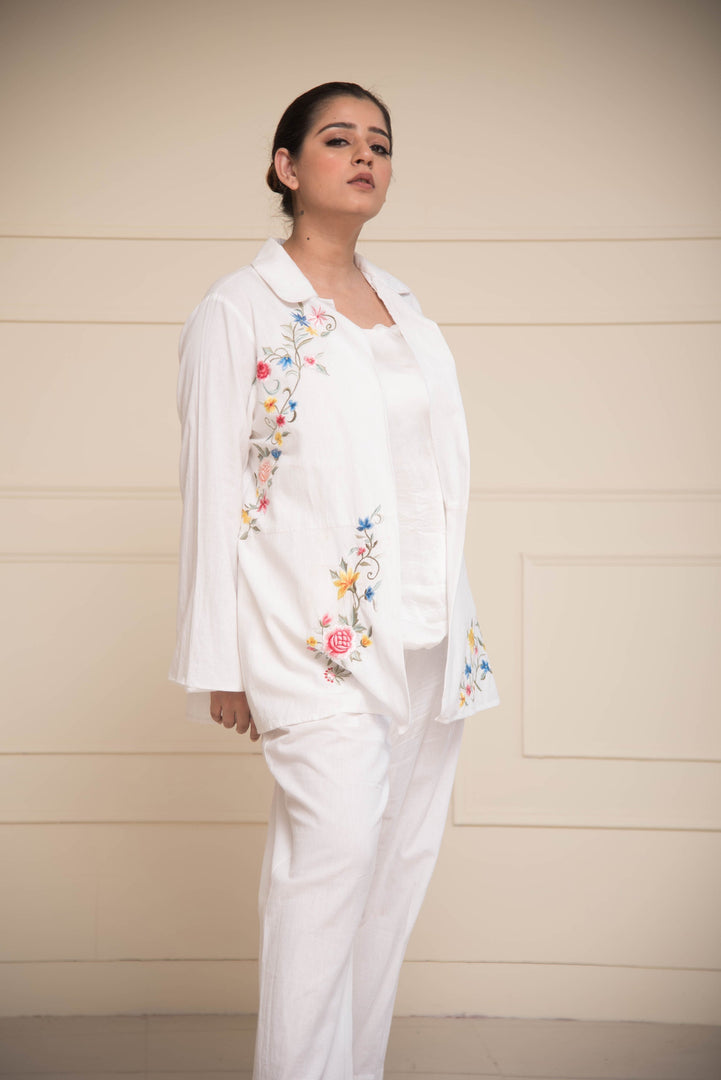 White Linen Parsi Gara Embroidered Jacket & Pants with Satin Inner